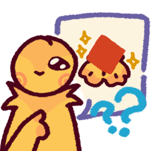 someone pointing to themself, with a speech bubble with hands presenting a red square, and blue question marks on top